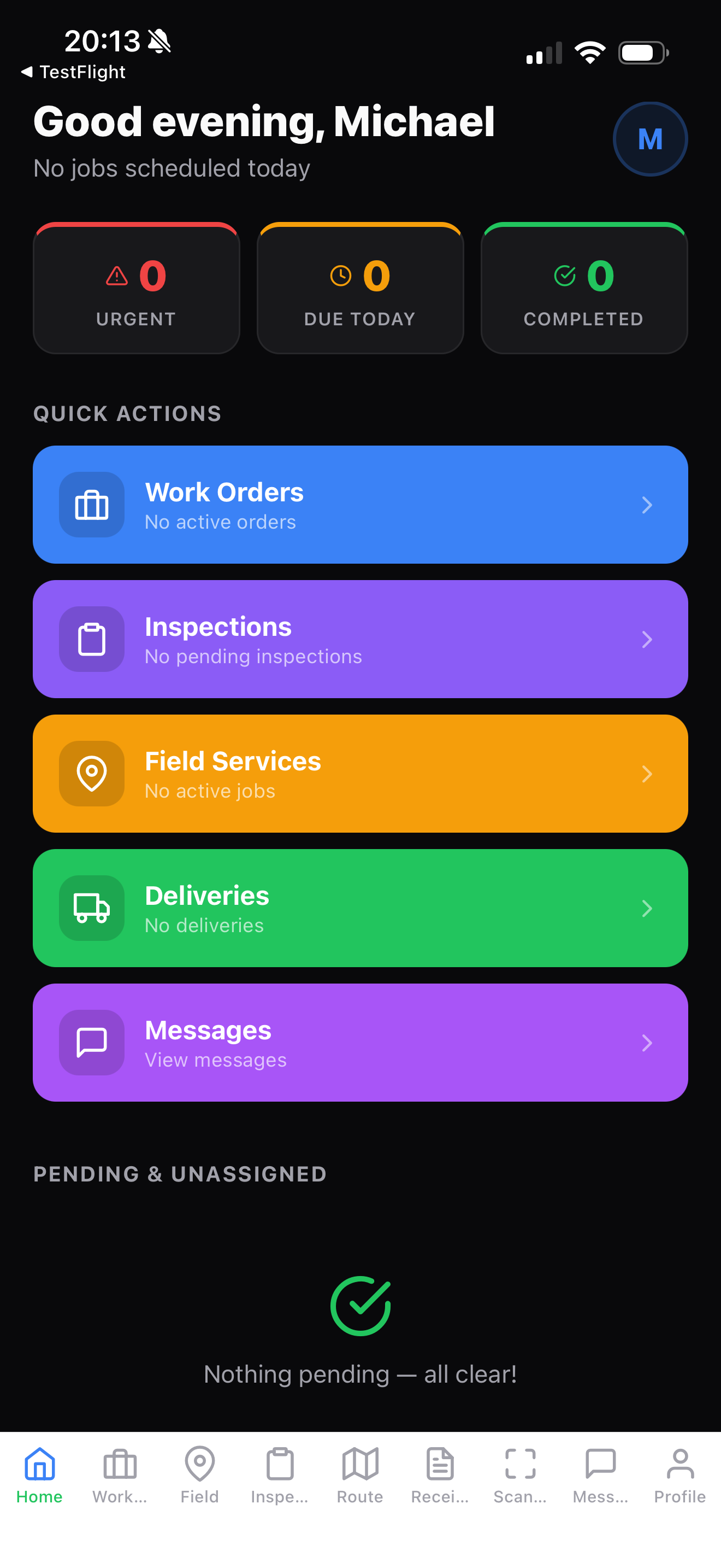 Dropcore mobile app showing the home dashboard with work orders, inspections, field services, deliveries, and messages
